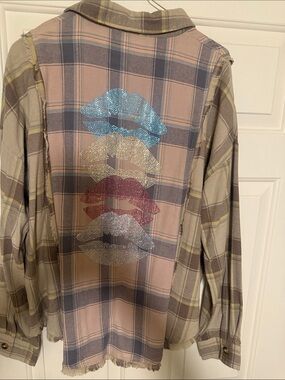 Plaid Flannel Shirt with Decorative Lip Rhinestones - Beige Plaid
